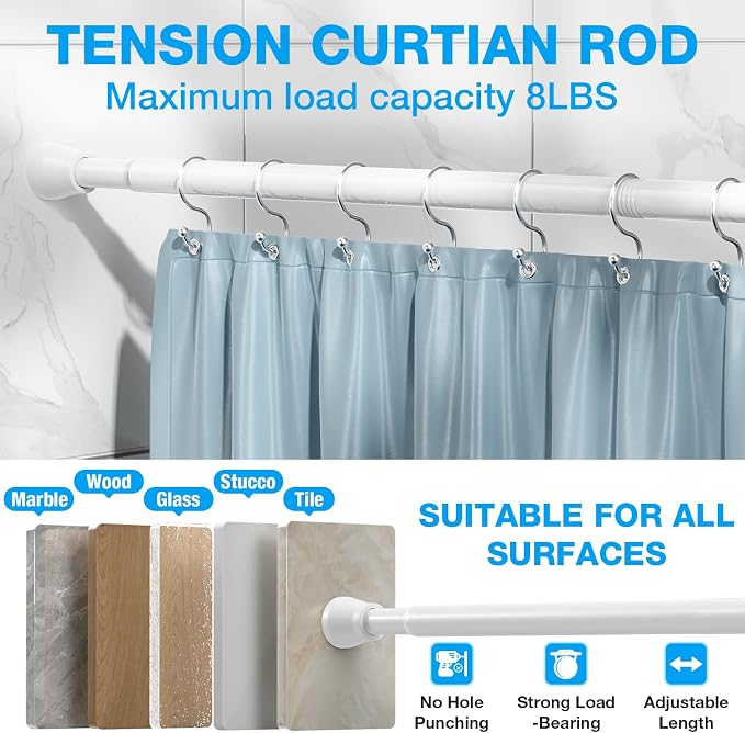 MEXAU Shower Curtain Rod 44-77 inch Tension Rod White Shower rod Non Slip Tension Curtain Rod Adjustable Curtain Rods No Drilling Shower Rods for Bathroom Windows Closet 1Pack