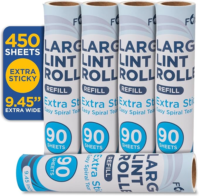 Fox Trot Large Lint Roller Refills, 9.45 inch Wide, 5 Pack, 450 Sheets
