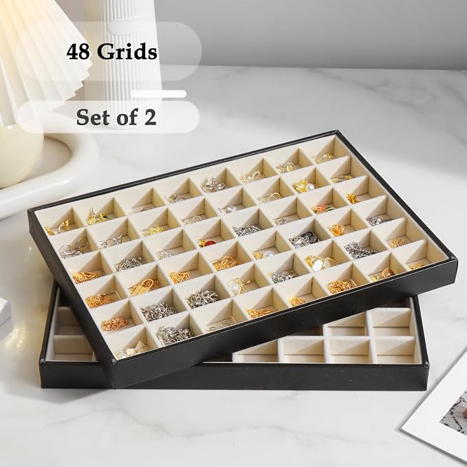 Large Jewelry Organizer Tray 2 Pack, Stackable Jewelry Storage Holder for Drawer Inserts, PU Leather Velvet Jewellery Display Case for Earring Bracelet Necklace Ring (Black Beige, 48 Grids)