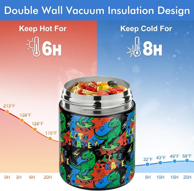wiwens 12oz Soup Thermo for Hot Food Kids Insulated Food Jar Wide Mouth Lunch Container Leak Proof Stainless Steel Vacuum Bento Box for School Office Travel Outdoors Black-Dinosaur