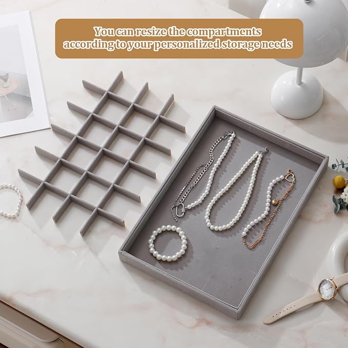 Large Stackable Jewelry Tray 4 Pack Velvet Jewelry Display Drawer Inserts Trays Organizer for Earring Bracelet Necklace Ring (Gray, 24 Grids)