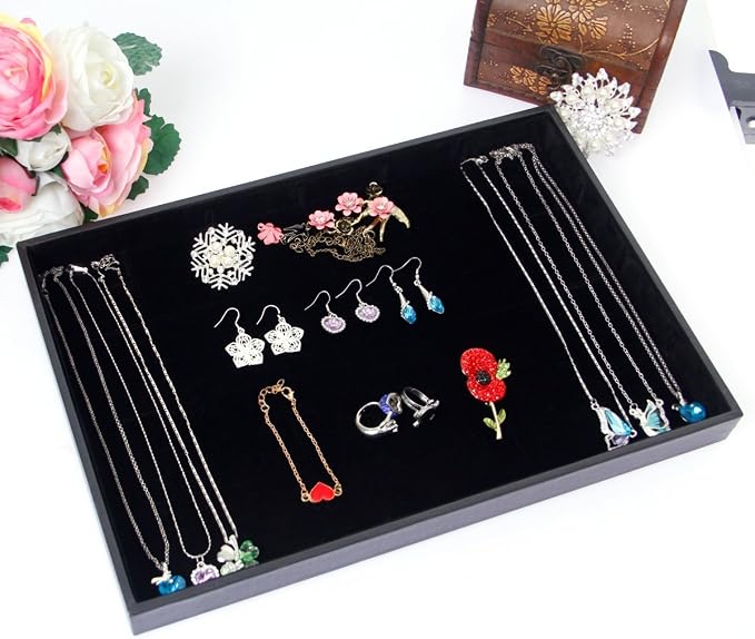 Stratalife 12 Grid Jewelry Organizer Tray, Stackable Drawer Earring Organizer with Adjustable Dividers, Jewelry Display Tray for Necklace Earring Ring Bracelet, 13.8" x 9.4" x 1.2", Black