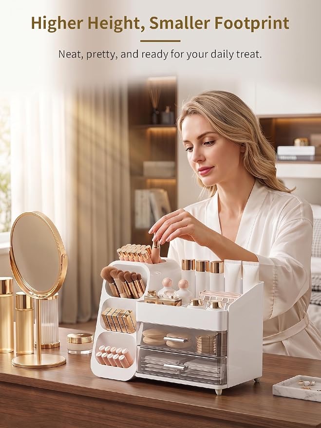 Booklov Large Makeup Organizer for Vanity Countertop, White | Clear Acrylic Cosmetic Display Case, Beauty Brush Holder for Bathroom Counter, Make Up Skincare Lipsticks Storage