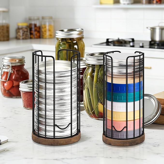 Mason Jar Lid Organizer, Metal & Wood Jar Lid Storage Holder | Rustic Canning Lid Organizer, Vertical Metal Wire Jar Lid Holder Caddy for Mason Jar Lids, Canning Lids and Rings, 2 Pack