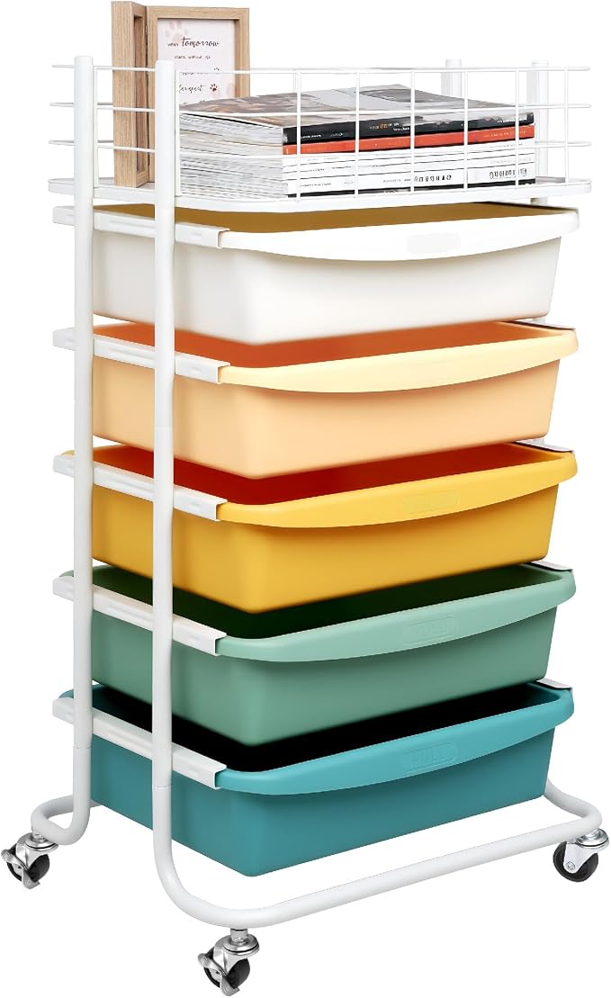 Rolling Storage Utility Cart Organizers with 5 Drawers and Metal Tabletop | 6-Tier Storage Craft Carts with Colorful Drawers and Wheels for Office, Bathroom, Bedroom, and Classroom Organization