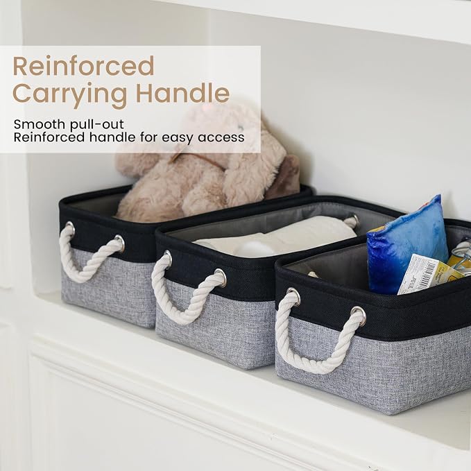 Storage Baskets for Shelves 11.8x7.9x5.2 Inch, Foldable Fabric Storage Bins with Handles, Small Storage Baskets for Organizing Closet, Office, Home Organization (3-Pack, Black&Gray)