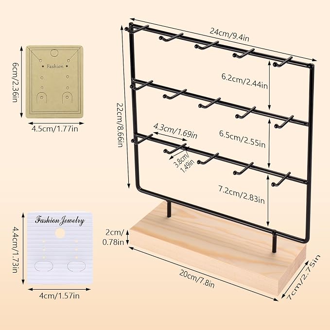 Earring Display Stands for Selling, 3 Tier 15 Hooks Wood Jewelry Organizer Rack for Earrings, Necklaces, Rings, Bracelets, Keychains - Compact for Countertop, Boutique, Trade Shows (Black)