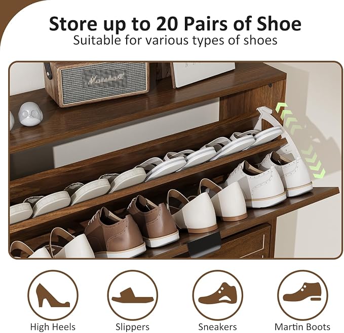 Shoe Cabinet Storage for Entryway with 2 Flip Drawers, Narrow Shoe Cabinet with Black Handles for Entryway, Hidden Slim Shoe Organizer Rack, 31.5" w x 9.45" D x 39" H