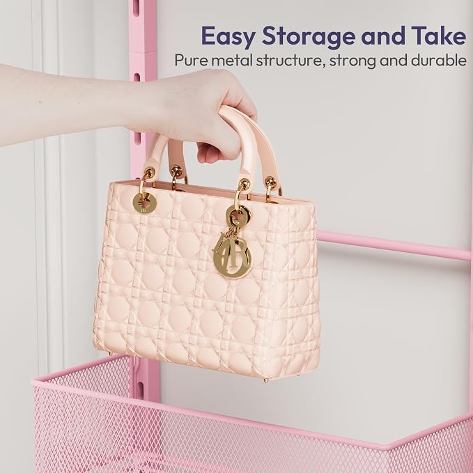 SWTYMIKI Over the Door Purse Organizer - Wall Mounted Purse Rack with 4 Adjustable Metal Basket and 6 Hooks, Hanging Bag Rack for Handbag Organizer, Bag Storage Can Use As 1/2 Part, for Door, Closet