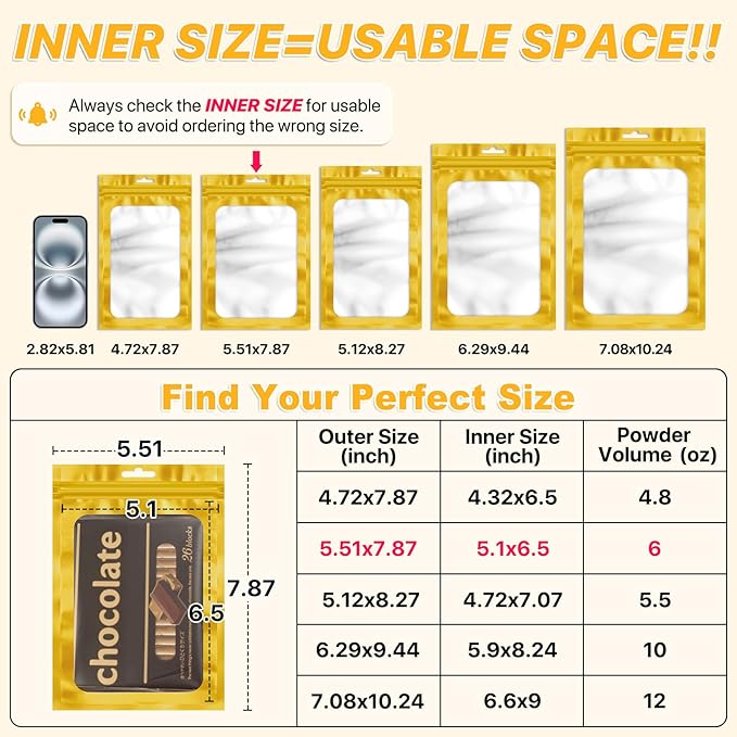 100 PCS Resealable Mylar Bags with Frosted Clear Window Packaging Bags Foil Pouch Zipper Bag for Food Self Sealing Storage Supplies (5.51x7.87, Golden)
