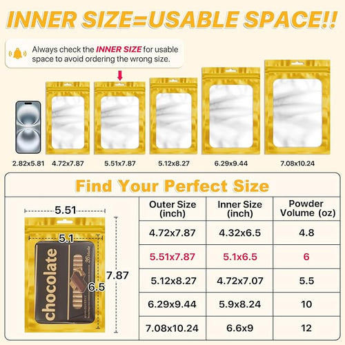 100 PCS Resealable Mylar Bags with Frosted Clear Window Packaging Bags Foil Pouch Zipper Bag for Food Self Sealing Storage Supplies (5.51x7.87, Golden)