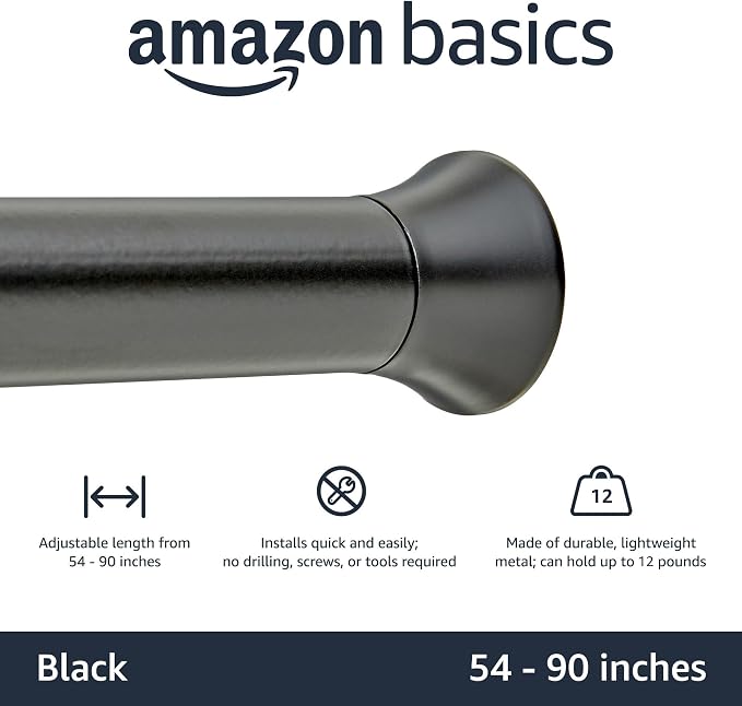Amazon Basics No Drill Adjustable Sturdy Spring Tension Curtain Rod, Adjustable 54-90" Width, Black, Classic Finial
