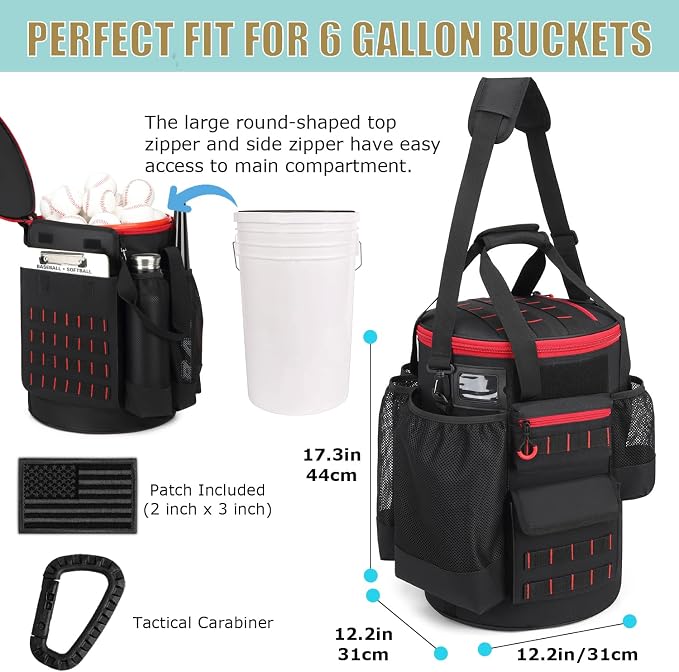 Baseball Bucket Bag Baseball Coaching Accessories Organizer Tactical Style Softball Bucket Bag with Anti-Slip Bottom, Multiple Pockets for Bat, Gloves, Scoreboards