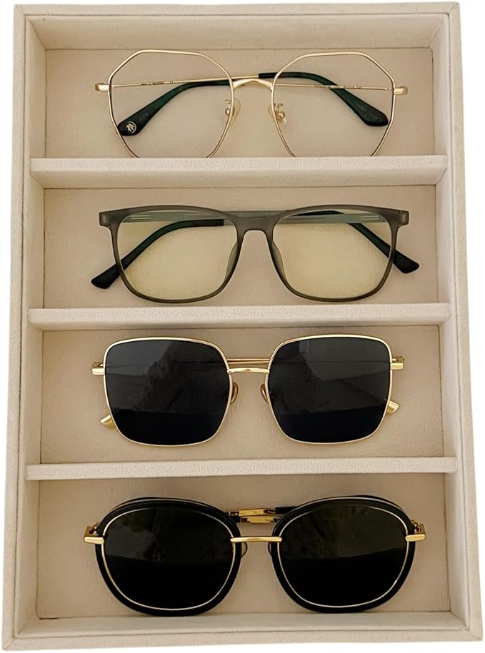 Velvet Sunglasses Organizer Tray 4 Slot, Stackable Eyewear & Glasses Display Case, Premium Beige Velvet, Scratch-Free Lining, Drawer Insert for Dressing Table Vanity Home Retail Trade Show