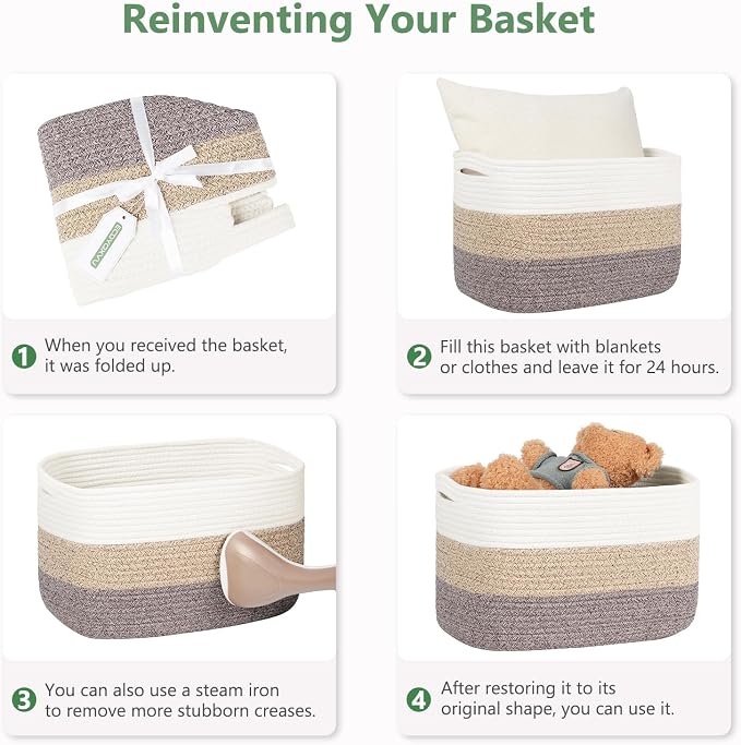ECDYQXVU 15x10x9 Woven Cotton Rope Storage Basket, Leather Handles 1 Pack | Foldable Design, Sturdy PU Handles, Easy to Clean Organizer for Living Room, Closet, Shelves, Bedroom, Laundry, Clothes