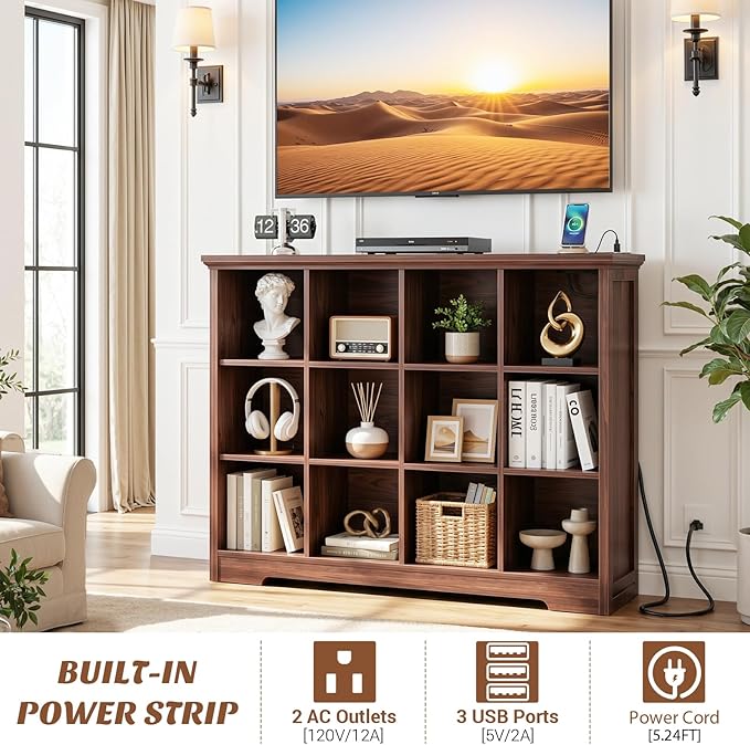 Aheaplus Wooden 12-Cube Storage Organizer with Charging Ports, Modern Cube Bookcase with Base, 4-Tier Floor Standing Open Cubbies Bookshelf, Cubicle Display Shelf for Home and Office, Black Walnut