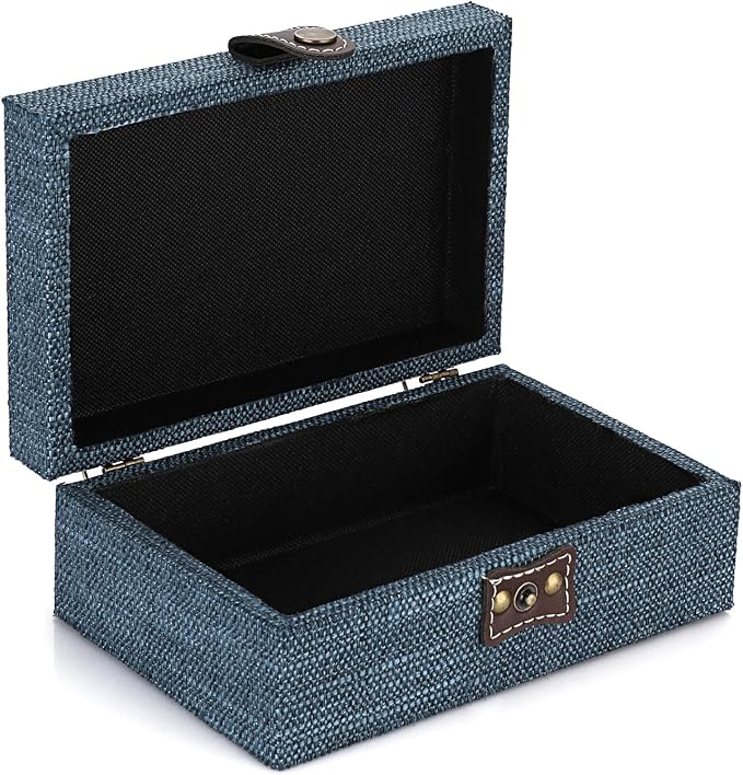 Hipiwe Treasure Chest Jewelry Box Wooden Decorative Box with Linen Covered | Memento Case Box with Clasp Lid, Rectangular Keepsake Box Photos Storage Organizer Home Decor, Blue