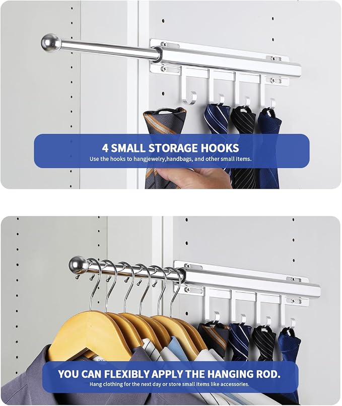 BaiNong Valet Rod for Closets Pull Out 12" Silver with 4 Hooks (2Pack) | Closet Valet Rod Slide Out for Closets, Laundry Rooms, RVs Space-Saving