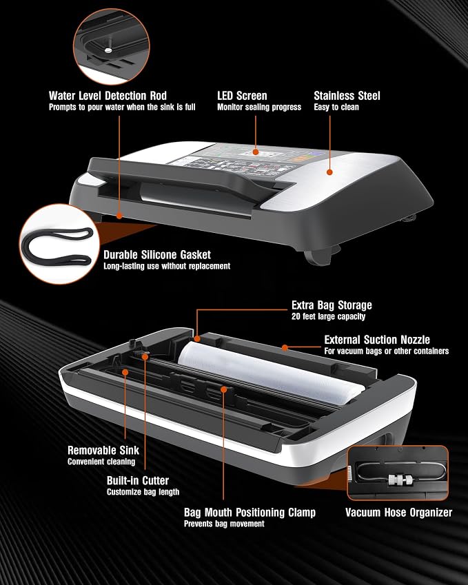 95KPa Food Vacuum Sealer Machine, 230W Vacuum Pack Machine 12-in-1 Automatic Powerful Food Preservation System with Double Heat Seal, Includes Built-in Cutter, Storage, 1 Roll & 10 Bags Black-silver