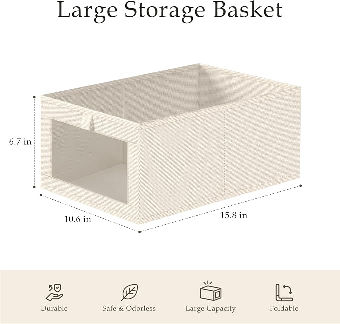 Criusia Closet Organizers and Storage, 4 Pack Linen Closet Baskets with Mesh Window for Organization, Foldable Closet Organizer for Clothing, Towels, Toys, Nursery, Books, Shelves, Beige