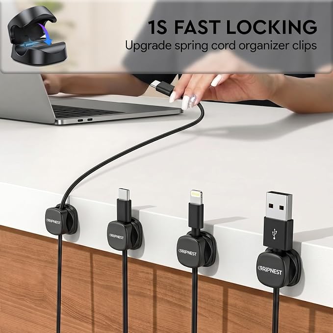 Cable Clips, 12 Pack Rotatable Cord Organizer with Adhesive | Strong Adhesive • 360° Rotatable • Keeps Cables Tangle-Free • For Desk, Car, Wall & Nightstand