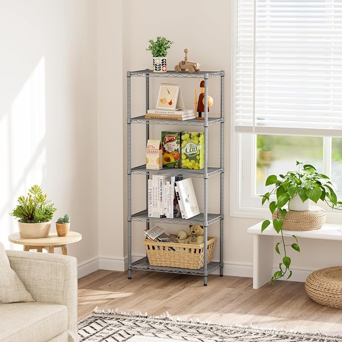 SINGAYE 5 Metal Shelves Wire Shelving Storage Shelf Adjustable Unit Pantry | 5 Tier Kitchen Laundry Room Organization Home Pantry Closet Bathroom Organizers Garage Rack 14" D x 24" W x 59.5" H Gray