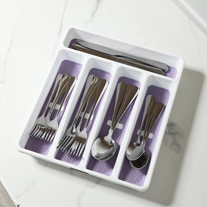 shopwithgreen Silverware Organizer with Cutlery Icons，Silverware Tray for Kitchen Drawer，Plastic Flatware Drawer Organizer Utensil Organizer with Non-slip TPR Linings，5-Compartment Silverware Caddy