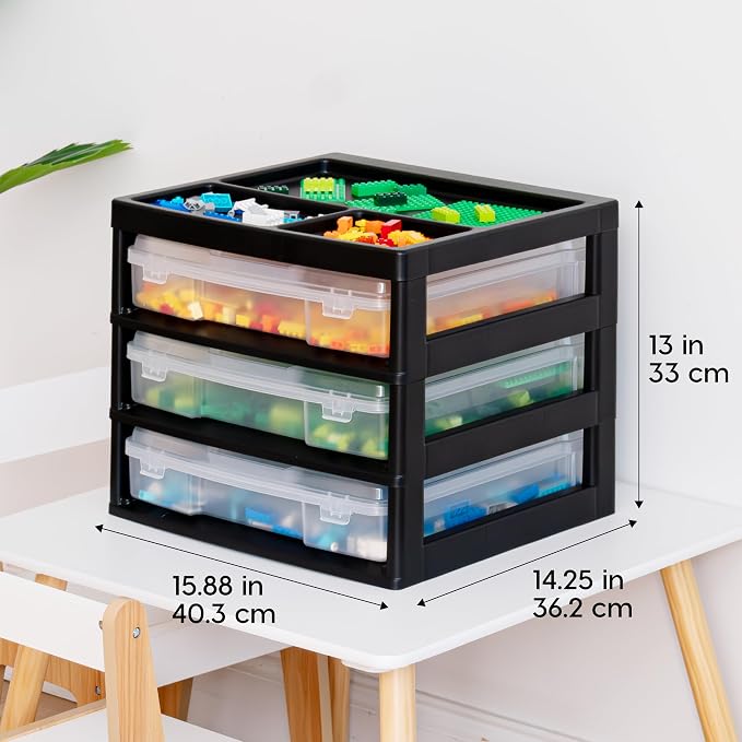 IRIS USA Fits 12" x 12" Paper, 3-Tier Desk Top Storage Unit with Organizer Top, for Office Art & Craft Supplies, Pens Pencils Sticky Notes Paper Clips, 3 Clear Cases w/ Built in Handle - Black/Clear