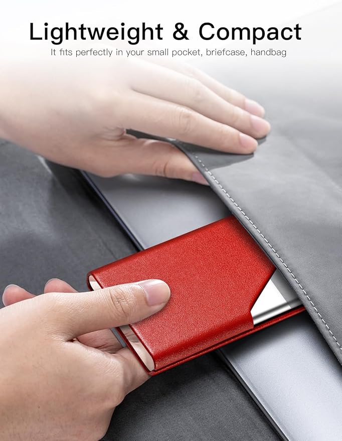 Padike Business Card Holder, PU Leather & Stainless Steel Multi Card Case for Men & Women, Name Card Holder, Credit Card Wallet, ID Case/Holder with Magnetic Closure (Red)