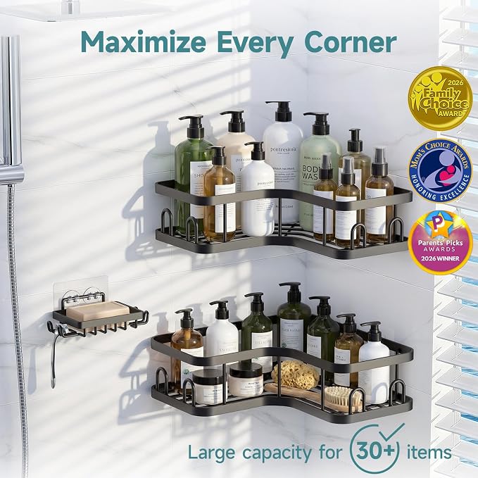 Veken Corner Adhesive Shower Caddy 3-Pack with Soap Holder&Hooks,No Drilling Shower Shelves,Rustproof & Waterproof Bathroom Organizers and Storage,Rack for Small Spaces, Kitchen&Rental-Friendly,Black