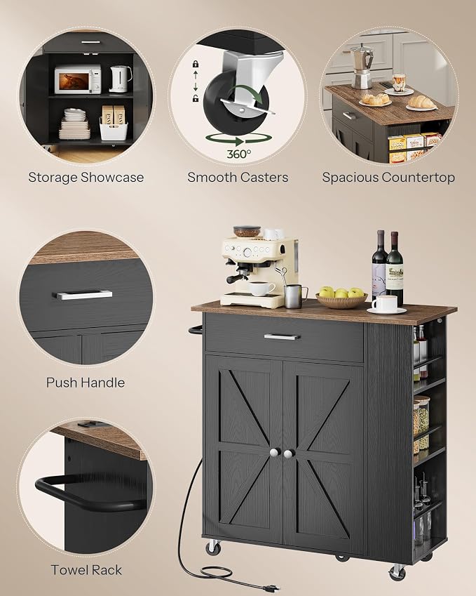 CHOEZON Kitchen Island Cart with Storage, Bar Cart with Charging Station, Kitchen Island on Wheels, Rolling Mobile Table with Cabinet, 3 AC Outlets, Black and Walnut MZD04UBL