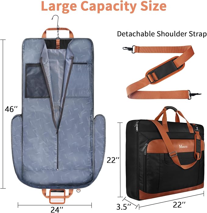 Mancro Carry On Garment Bags for Travel, Convertible Weekender Bag, Brown | Wrinkle-Free, Hanging Travel Suit Bags with Shoulder Strap, Large Waterproof Suitcase Luggage Bag for Men Women