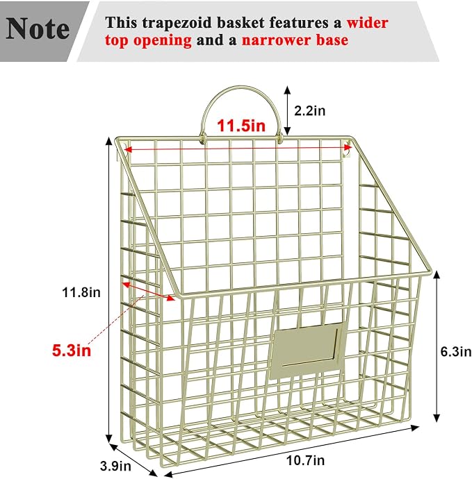 Yuzehuaza Wall File Organizer Mesh Hanging Wall Files Holder,Magazine Rack and Mail Basket with Hooks, Office Wall Organizer for Papers Folders Files Clipboard 4 Packs, Gold(Patent Pending)