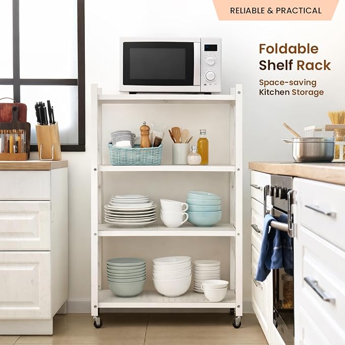 Our Modern Space 4-Tier Foldable Storage Shelf with Wheels | Metal Rack Collapsible Shelving Display | Rolling Cart for Books Kitchen Storage Shelves | Pantry & Closet Organizer | Office Room Decor