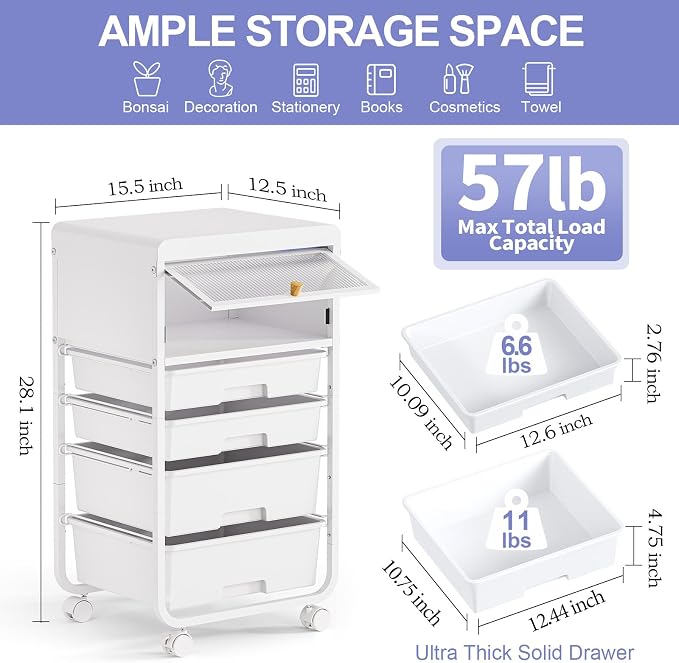 SYKIARIOL Utility-Rolling-Storage-Drawer-Craft-Cart-Organizers with 4 Drawers & Dust-proof Door for Kid Craft Art Room,Bedroom,Home Office, 4 Tiers Drawer cart, White