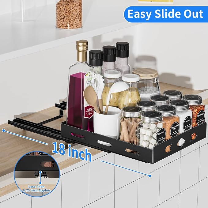 BOIVSHI Pull Out Spice Rack, Heavy Duty Spice Rack Organizer, 1 Tier Spice Organization for Cabinet, Vertical Spice Rack for Kitchen, Cabinet, Pantry (8.4''Wx10.5''Dx2.8''H, Metal Black)