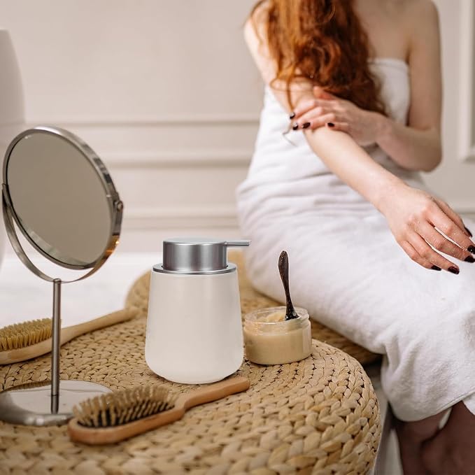 Bosilunlife 12Oz Ceramic Foam Soap Dispenser for Bathroom Kitchen Counter | Premium countertop foam pump creates delicate dense foam, stable desktop placement,Beige with Silver