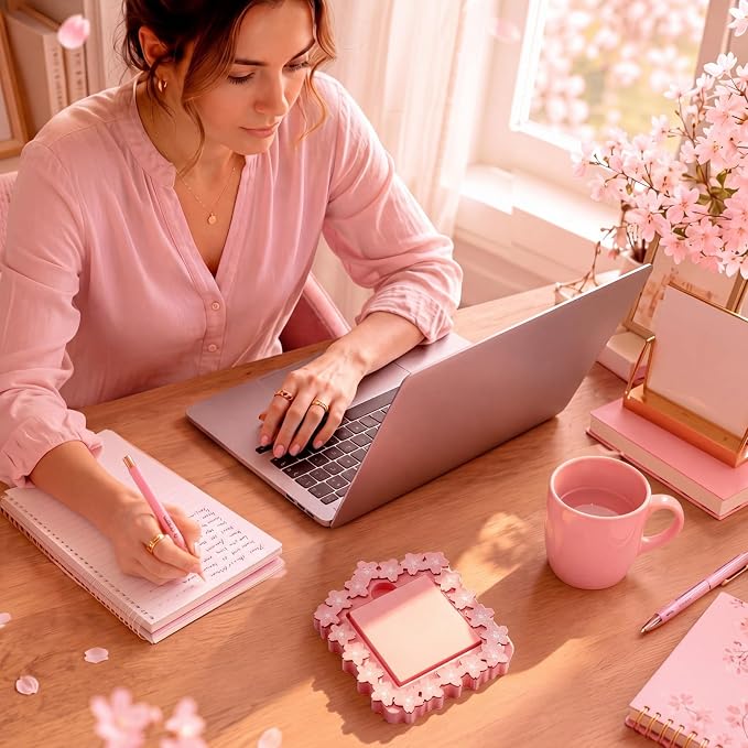 Cherry Blossom Sticky Note Holder Large Wood Notepad Dispenser 3 x 3 Sticky Notes Organizer Cute Self Stick Memo Pad Holder for Desk Office Back to School Gift, No Pads Included