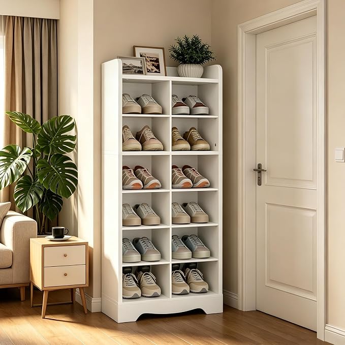 YATINEY 8-Tier Tall Shoe Rack, Wooden Shoe Storage Cabinet for Entryway | Removable Shoe Shelves for Closet, Shoe Cubby Organizer, Narrow Shoe Organizer, Raised Surface Edge Shoe Shelf, White