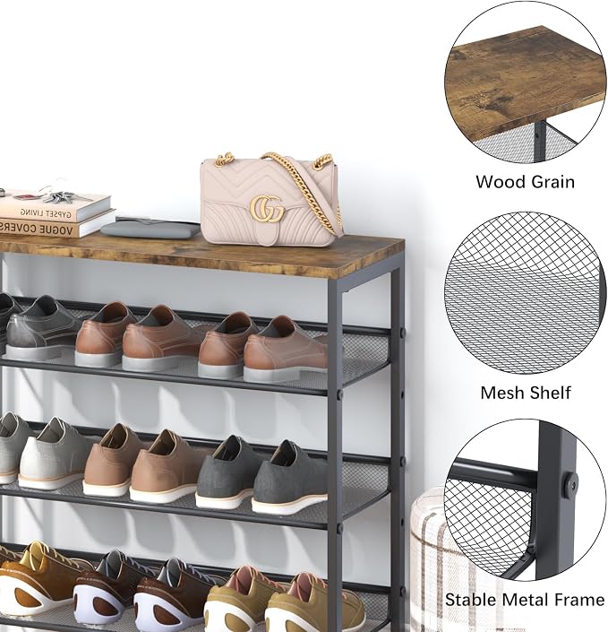 Garden 4 you Shoe Rack 8 Tiers Shoe Storage Organizer,Large Capacity Storage Rack with Brown Wooden Tabletop,Adjustable Metal Shelf Stackable Shoe Shelf for Entryway Hallway Living Room Closet