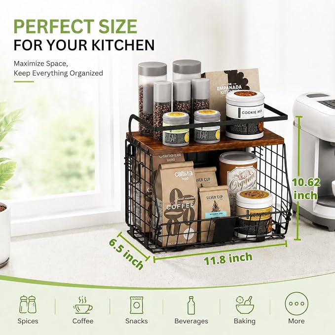 Magnetic Shelf for Fridge with Wood Top & Produce Basket – 2-in-1 Magnetic Spice Rack for Refrigerator – Space-Saving Kitchen Organizer for Fruits, Potatoes, and Onions (with Hooks)