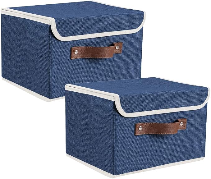 2Pack Storage Bins Boxes with Lids 10" x 8" x 7" Decorative Storage Baskets | Cotton Linen Fabric, Collapsible, Faux Leather Handles, Storage Cubes, Closet Shelf Clothes Organizer Container, Blue