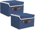 2Pack Storage Bins Boxes with Lids 10" x 8" x 7" Decorative Storage Baskets | Cotton Linen Fabric, Collapsible, Faux Leather Handles, Storage Cubes, Closet Shelf Clothes Organizer Container, Blue