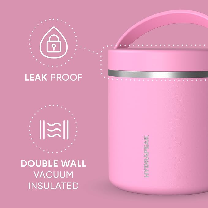 Hydrapeak 25oz Stainless Steel Vacuum Insulated Food Jar | Jar for Hot Food and Cold Food, Wide Mouth Leak-Proof Soup Jar for Adults, 10 Hours Hot and 16 Hours Cold (Bubblegum)