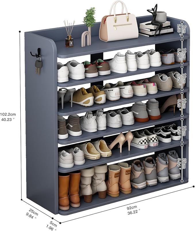 5 Tier Shoe Rack, Wooden Shoe Storage Cabinet, Large Capacity Tall Shoe Shelf Free Standing Shoe Rack Organizer for Closet Entryway Garage Bedroom, Gray