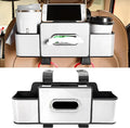 Car Back Seat Organizer, 3-in-1 Auto Seat Back Organizer with Tissue Box, Cup Holders & Hooks, Multifunctional Vehicle Backseat Hanging Organizers for Phones Drinks Handbags (Beige)