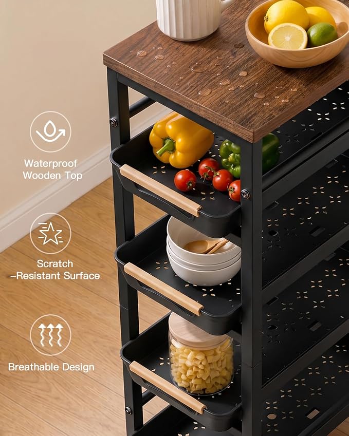 Pipishell Slim Rolling Storage Cart with Drawers & Lockable Wheels, 5 Tier Kitchen Cart with Safety Stops & Vented Design, Wood Top, Pull-Out Utility Cart for Kitchen, Bathroom, Laundry Room, Black