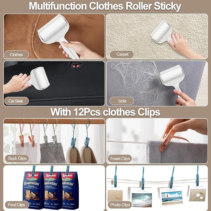 3PCS Space Saving Hanging Garment Bag with Self Compression Zipper, Cotton Garment Bag with A Clothes Roller Sticky and 12PCS Clips, Compression Down Jacket Storage for Suits, Padded Clothes, Shirts