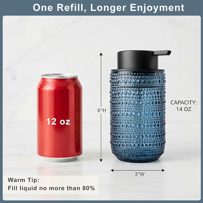 2 Pack Blue Glass Foaming Soap Dispenser, 14 OZ Vintage Hobnail Texture Foam Hand Soap Dispenser, Refillable & Reusable Foam Dispenser with Black Pump for Bathroom, Kitchen Decor, Elegant Look