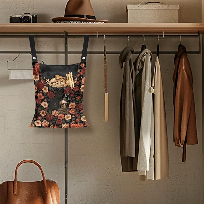 Vintage Rose Clothespin Organizer Bag Skull Clothespin Bags with Hanging Hook Waterproof Clothes Pin Storage Organizer with Large Opening Clothespins Bag for Clothesline Outdoor